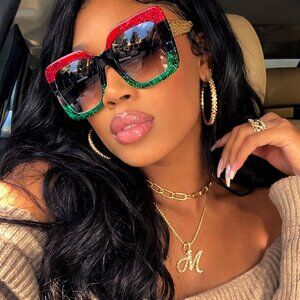 Oversized Glitter Square Sunglasses – Red Green Gold Luxury Fashion Shades